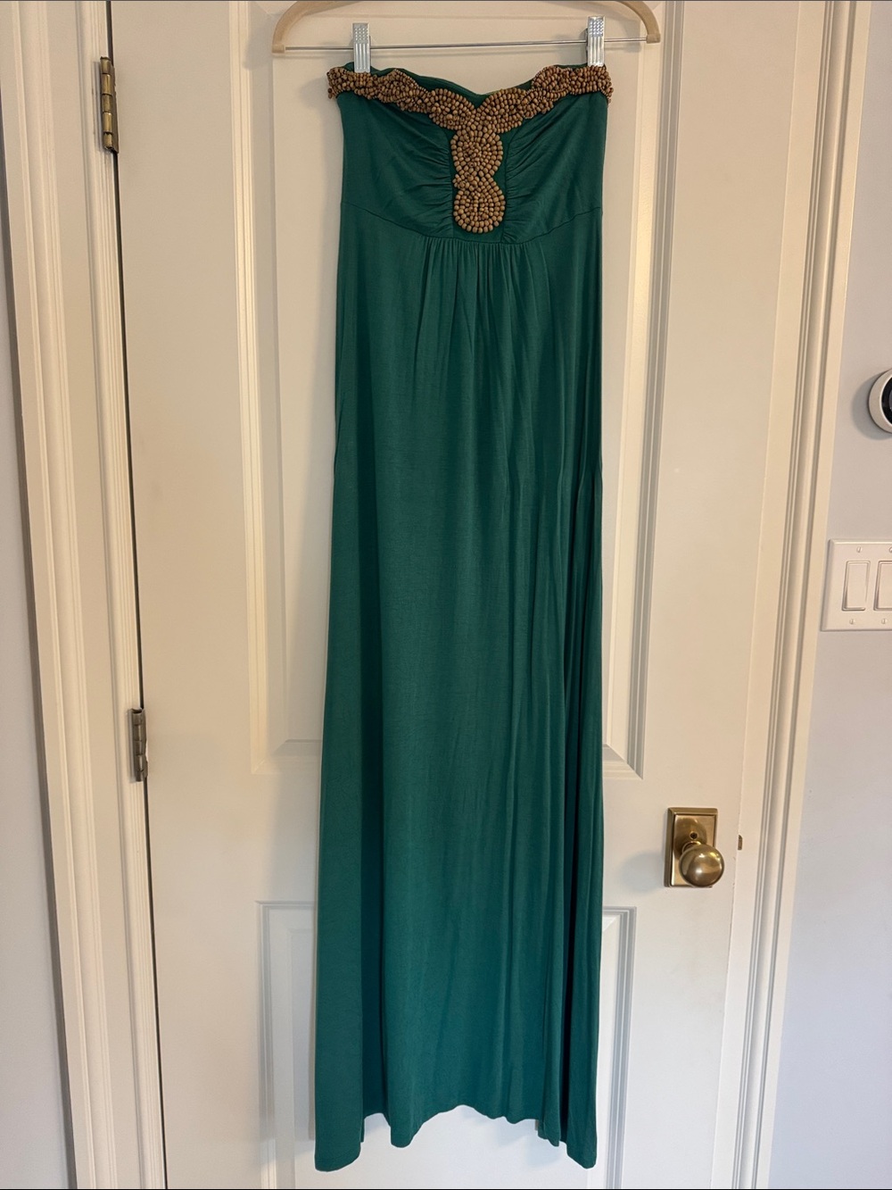Design History Strapless Emerald Maxi with Gold Beaded Trim